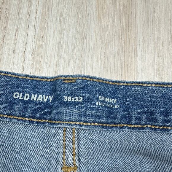 Old Navy Skinny Built In Flex Distressed Patch Medium Denim Jeans Men's 38X32 - Picture 13 of 14